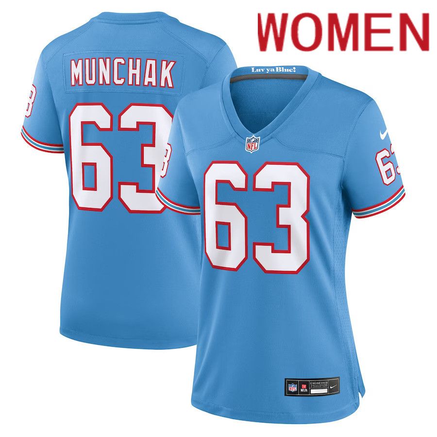 Women Tennessee Titans 63 Mike Munchak Nike Light Blue Oilers Throwback Retired Player Game NFL Jersey